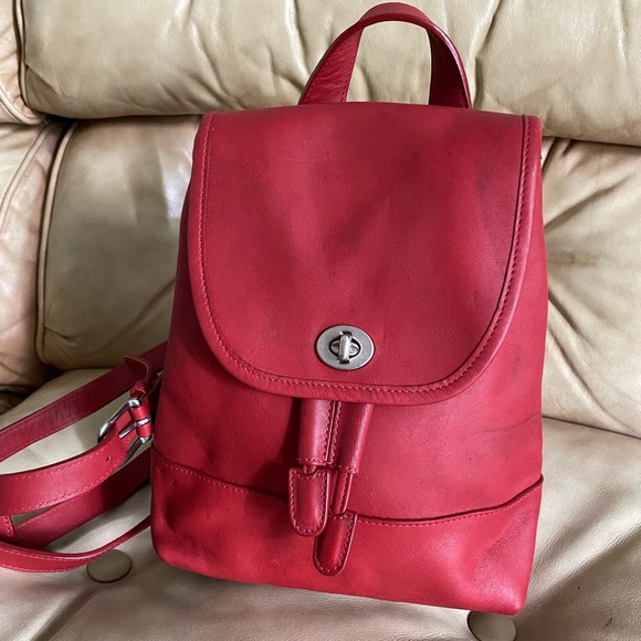Coach Handbags - Authentic Coach RED Leather Turnlock Daypack Backpack Bag Nickel Hardware